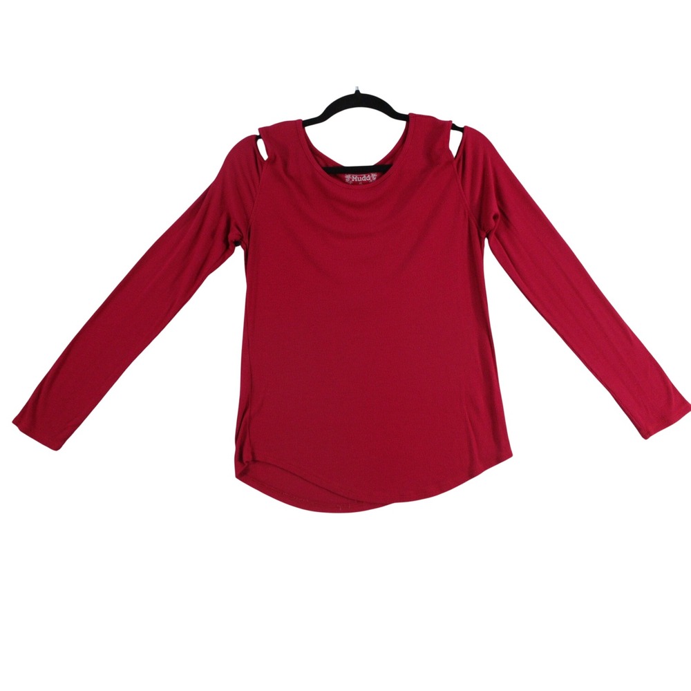 Mudd Womens XL Red Ribbed Cold Shoulder Long Sleeve Top Scoop Neck Scoop Hem